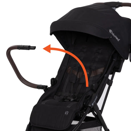 The bumper bar on the Baby Trend Zenda Compact All-Terrain Stroller rotate or child easy in and out 
