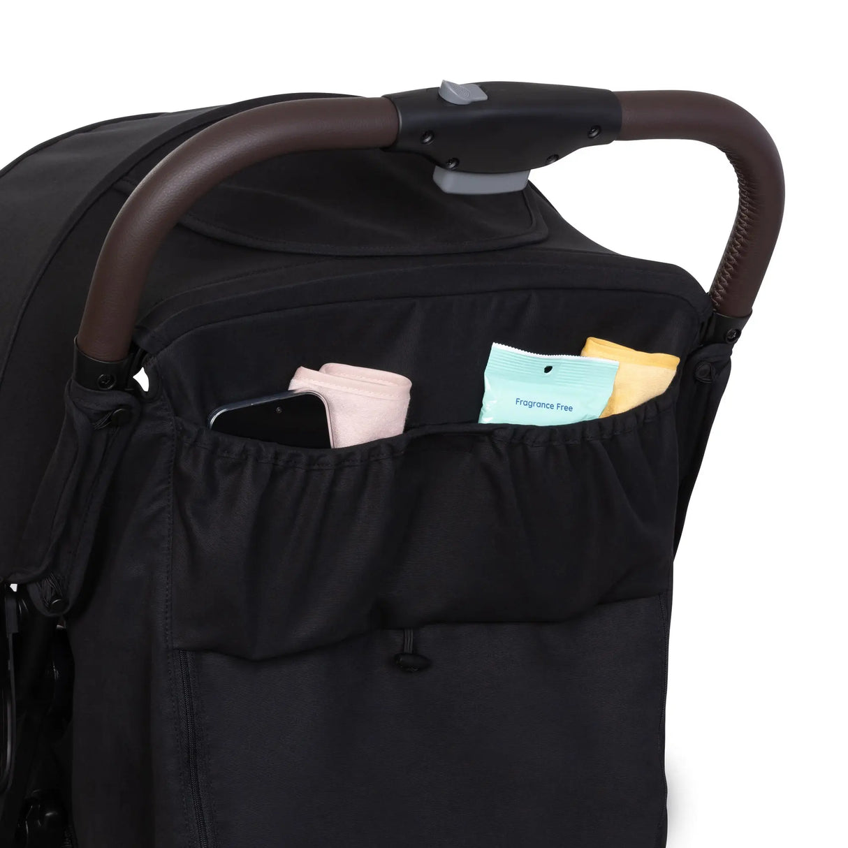 Rear view of the Baby Trend Zenda Compact All-Terrain Stroller showing the storage pockets 