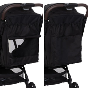 Showing the side by side of the seat back from the Baby Trend Zenda Compact All-Terrain Stroller going from a mesh back to solid 