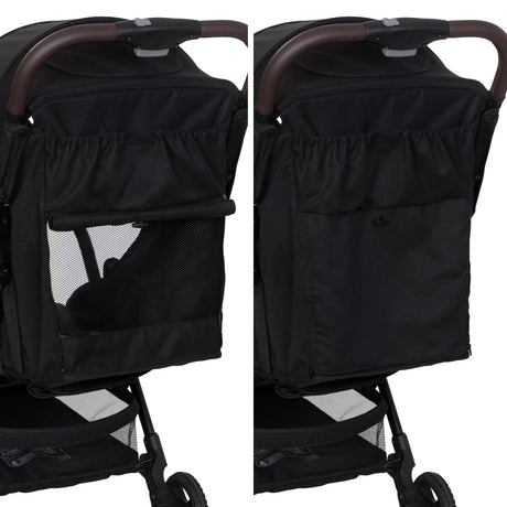 Showing the side by side of the seat back from the Baby Trend Zenda Compact All-Terrain Stroller going from a mesh back to solid 