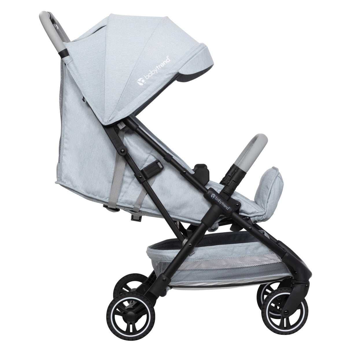 Side view of the Baby Trend Zenda Compact All-Terrain Stroller reclined and footrest adjusted