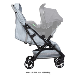 Side view of the Baby Trend Zenda Compact All-Terrain Stroller with an infant car seat attached