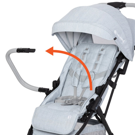 Front view of the Baby Trend Zenda Compact All-Terrain Stroller child's seat and the bumper bar rotating away