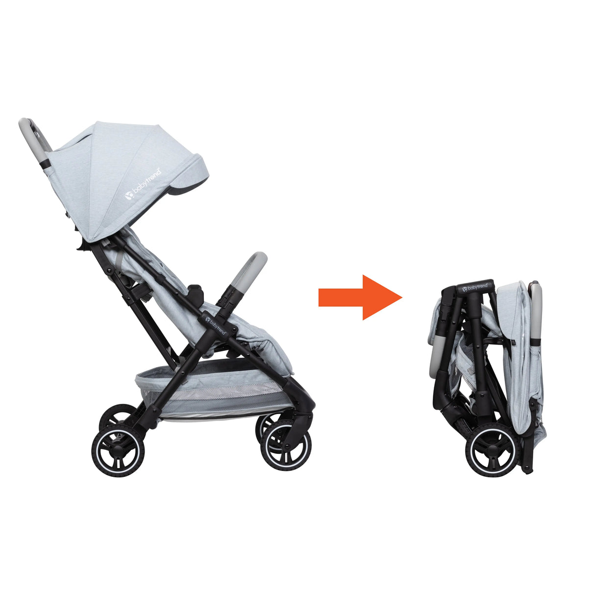 Side view of comparison on the Baby Trend Zenda Compact All-Terrain Stroller being folded