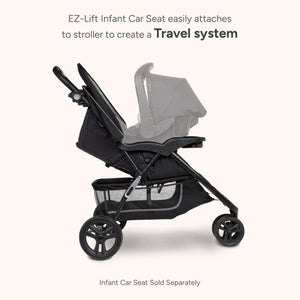 Side view of the Baby Trend EZ Ride Stroller with EZ-lift infant car seat, easily attaches to stroller to create a travel system