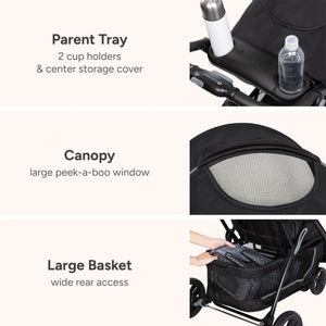 Baby Trend EZ Ride Stroller call out features, parent tray, canopy, large basket