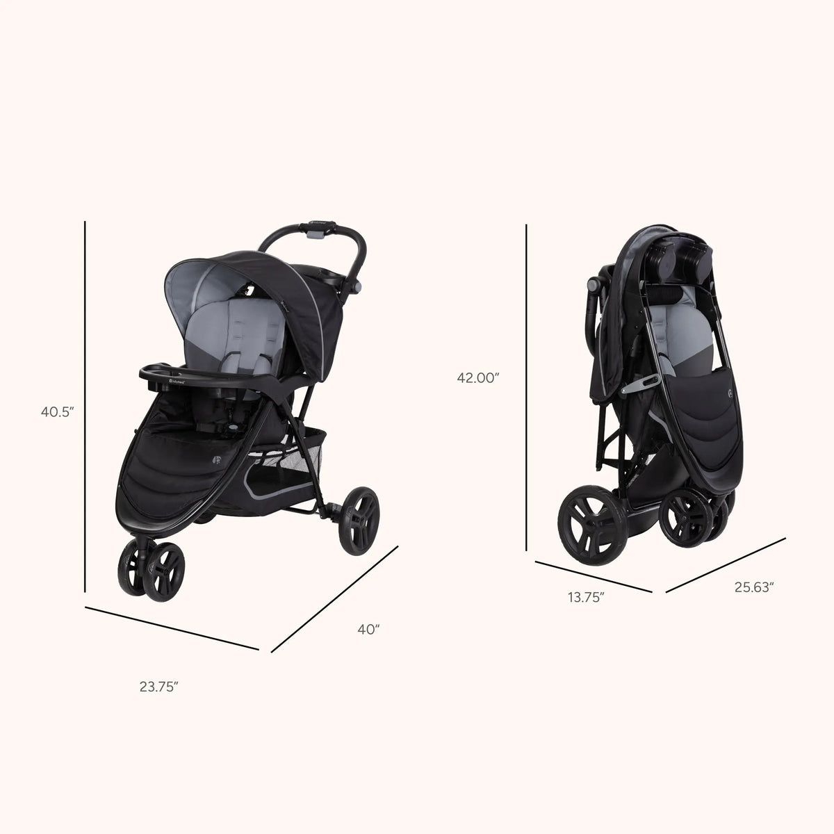 The dimensions of the Baby Trend EZ Ride Stroller folded and unfolded