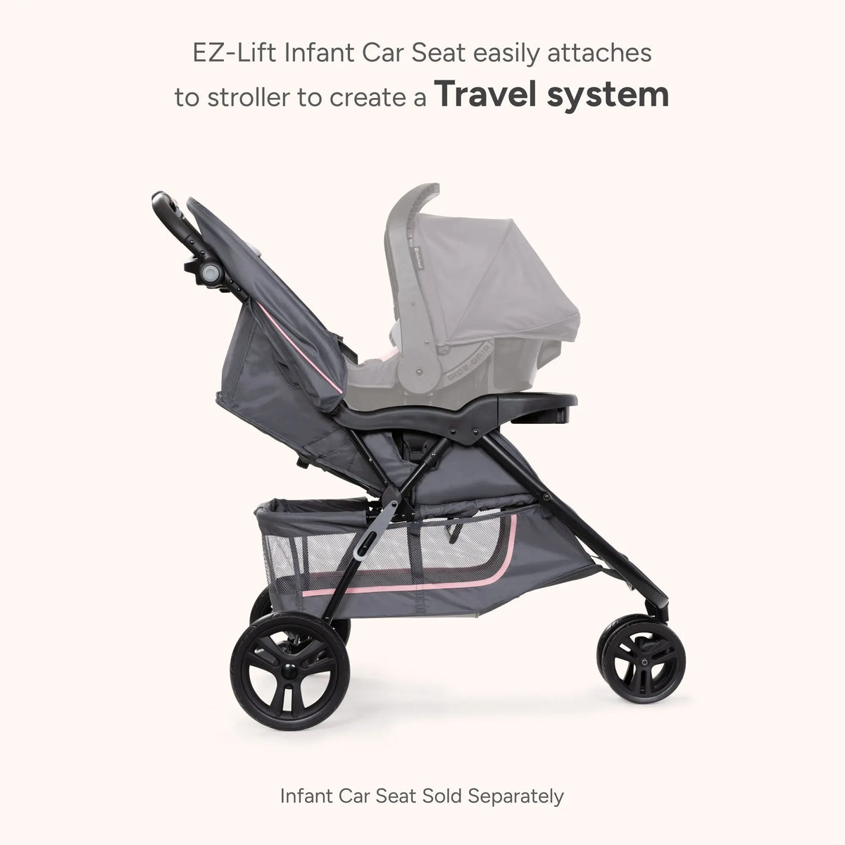 Side view of the Baby Trend EZ Ride Stroller with EZ-lift infant car seat, easily attaches to stroller to create a travel system