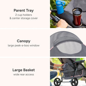Baby Trend EZ Ride Stroller call out features, parent tray, canopy, large basket