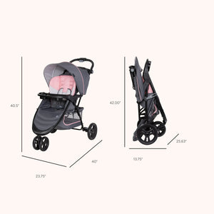 The dimensions of the Baby Trend EZ Ride Stroller folded and unfolded