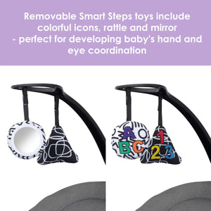 Baby Trend NuMotion Infinity Swing removable Smart Steps toys include colorful icons, rattle, and mirror