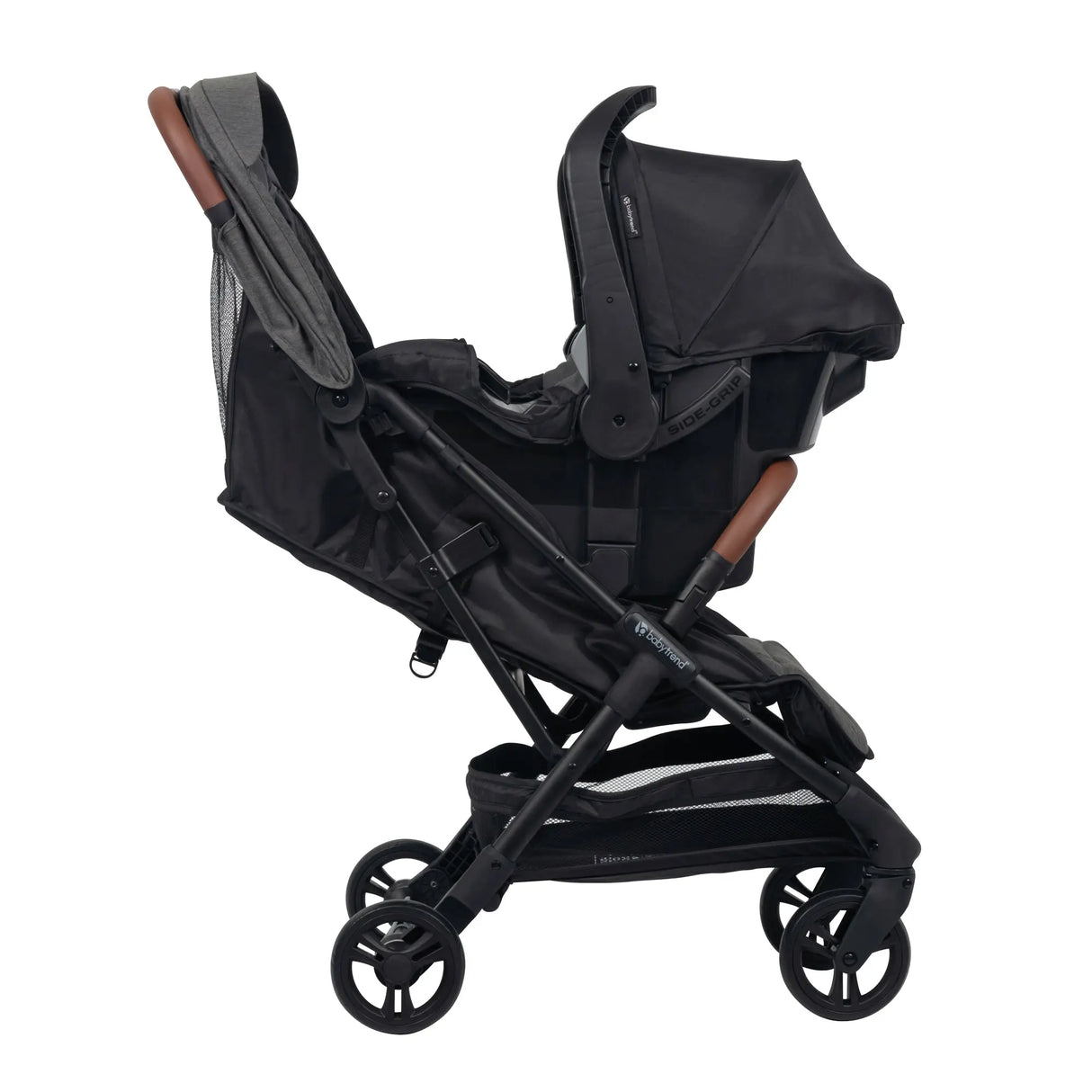The car seat is on the Baby Trend Sonar Compact Lightweight Stroller