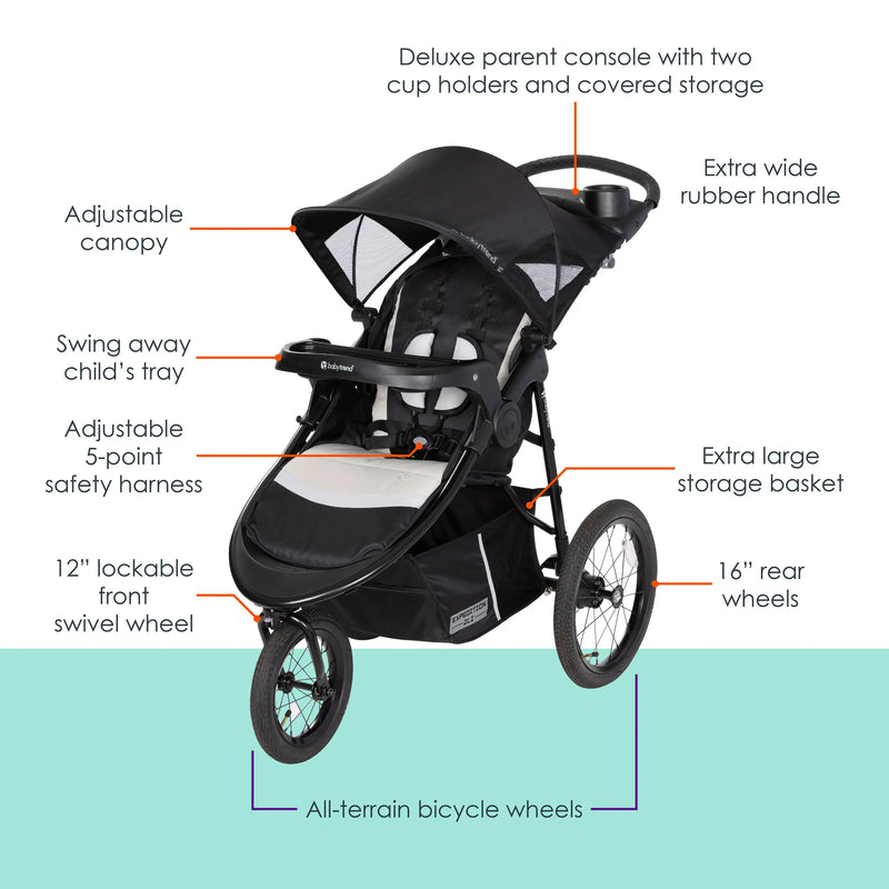 Baby Trend stroller with a 5-point harness fastened across the shoulders, waist, and crotch strap