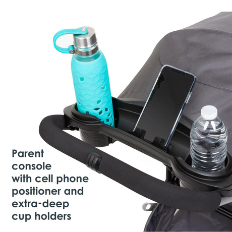 Baby Trend Tango Stroller parent console with cell phone positioner and extra deep cup holders