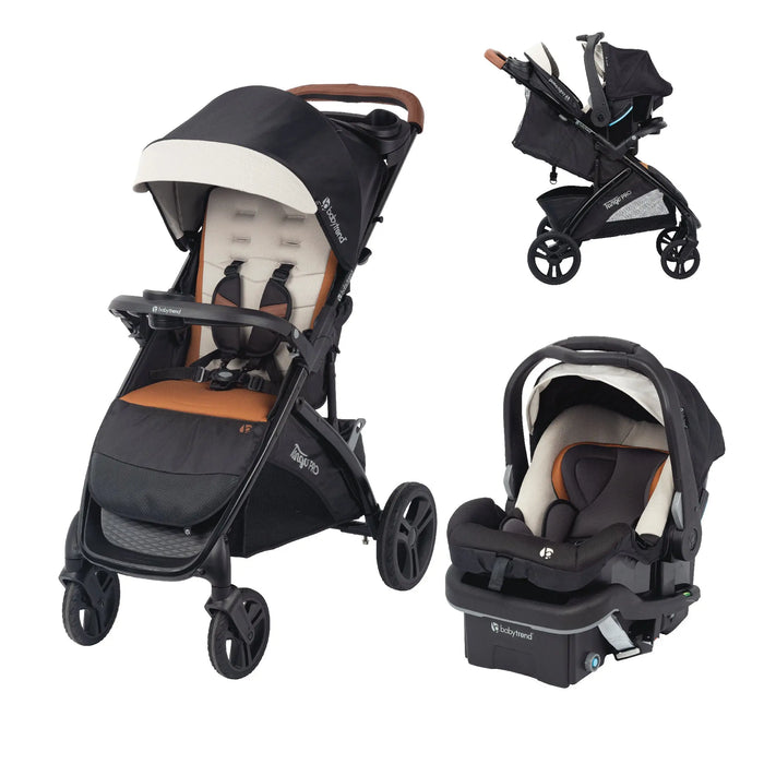 Baby Trend Tango PRO Stroller Travel System in black, cream and tan: the stroller, the infant car seat on its base, and the car seat clicked onto the stroller frame