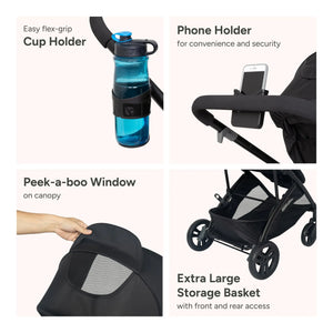 Baby Trend Passport Switch 6-in-1 Modular Stroller feature call out, cup holder, phone holder, peek-a-boo window, and extra large storage basket