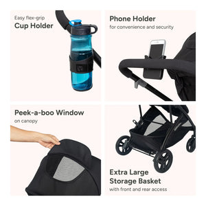 Baby Trend Passport Switch 6-in-1 Modular Stroller feature call out, cup holder, phone holder, peek-a-boo window, and extra large storage basket