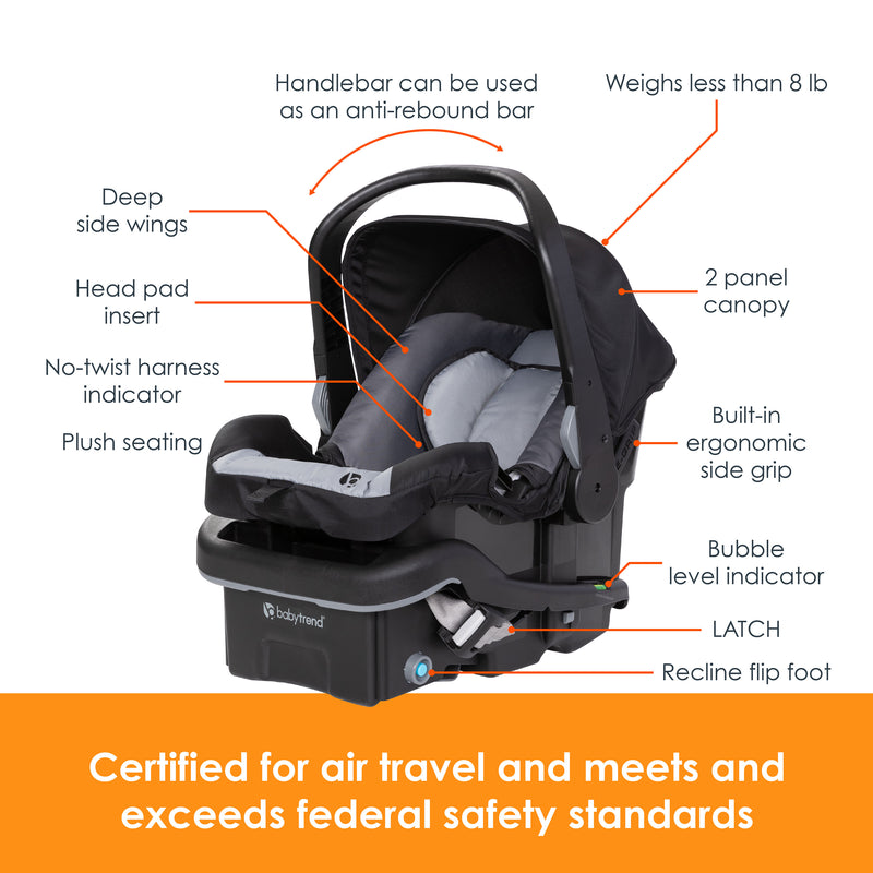 Certified for air travel and meets and exceeds federal safety standards of the Baby Trend EZ-Lift PLUS infant car seat