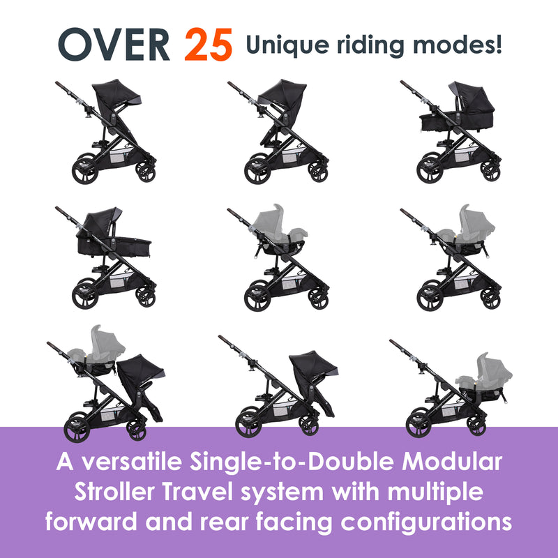 A versatile Single-to-Double Modular Stroller Travel system with multiple forward and rear facing configurations Baby Trend Morph Single to Double Modular Stroller