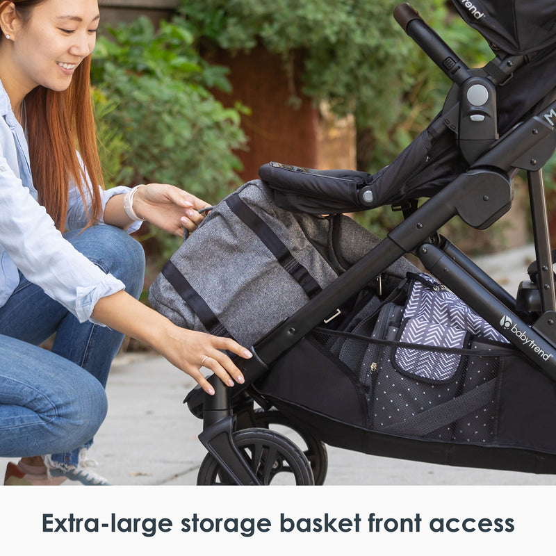 Extra-large storage basket front access from the Baby Trend Morph Single to Double Modular Stroller