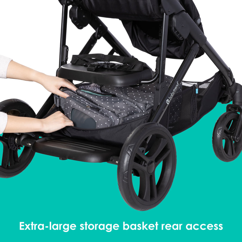 Extra-large storage basket rear access from the Baby Trend Morph Single to Double Modular Stroller