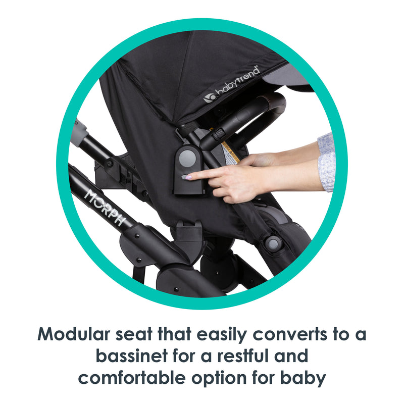 Modular seat that easily converts to a bassinet for a restful and comfortable option for baby from the Baby Trend Morph Single to Double Modular Stroller