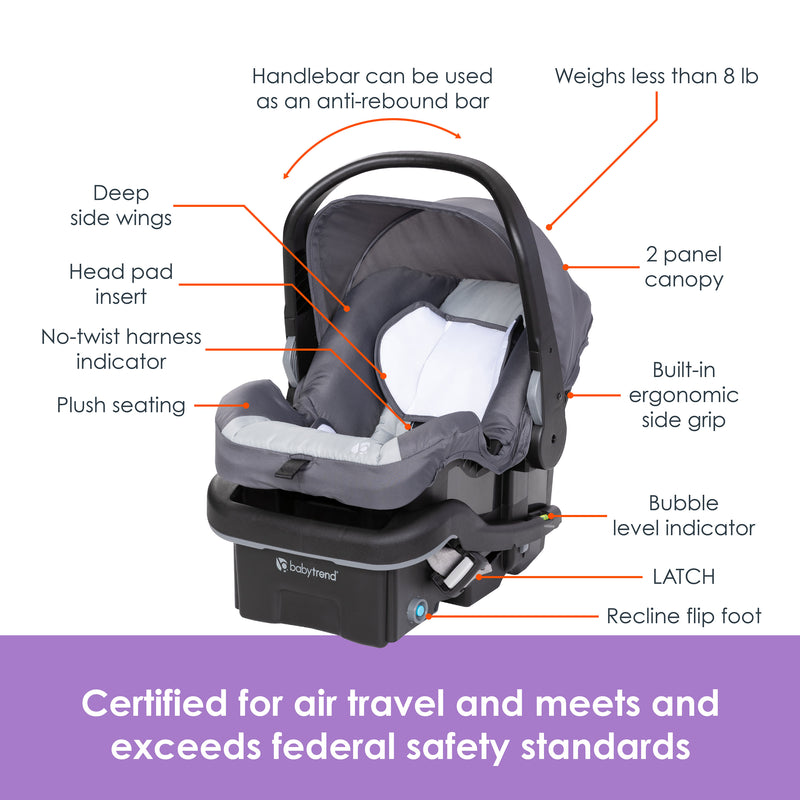 Certified for air travel and meets and exceeds federal safety standards of the Baby Trend EZ-Lift PLUS infant car seat
