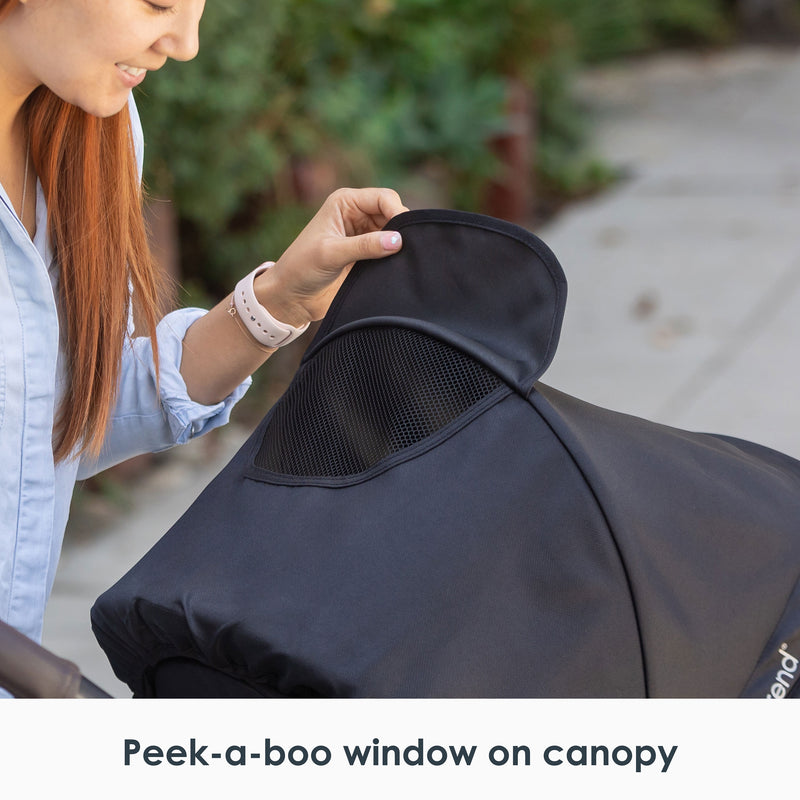 Peek-a-boo window on canopy from the Baby Trend Morph Single to Double Modular Stroller
