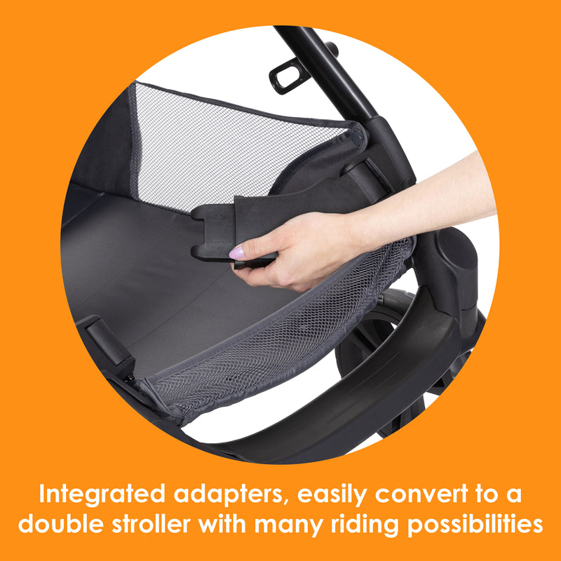Integrated adapters, easily convert to a double stroller with many riding possibilities from the Baby Trend Morph Single to Double Modular Stroller