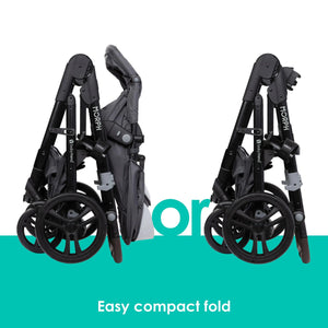 Easy compact fold from the Baby Trend Morph Single to Double Modular Stroller