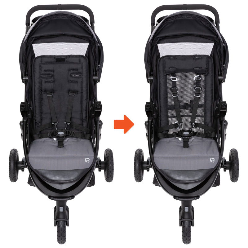 Front view of child's seat converted to mesh air flow backing on the Baby Trend Passport Seasons All-Terrain Stroller Travel System with EZ-Lift 35 PLUS Infant Car Seat