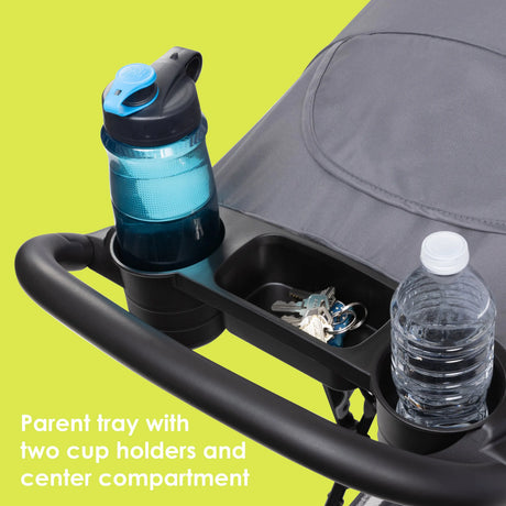 Baby Trend Venture 3-Wheel Stroller parent tray with two cup holders and center compartment