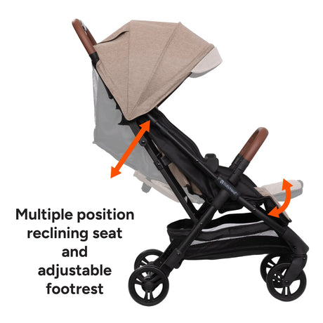 Side view of the Baby Trend York Compact Stroller showing multiple position reclining seat and adjustable footrest