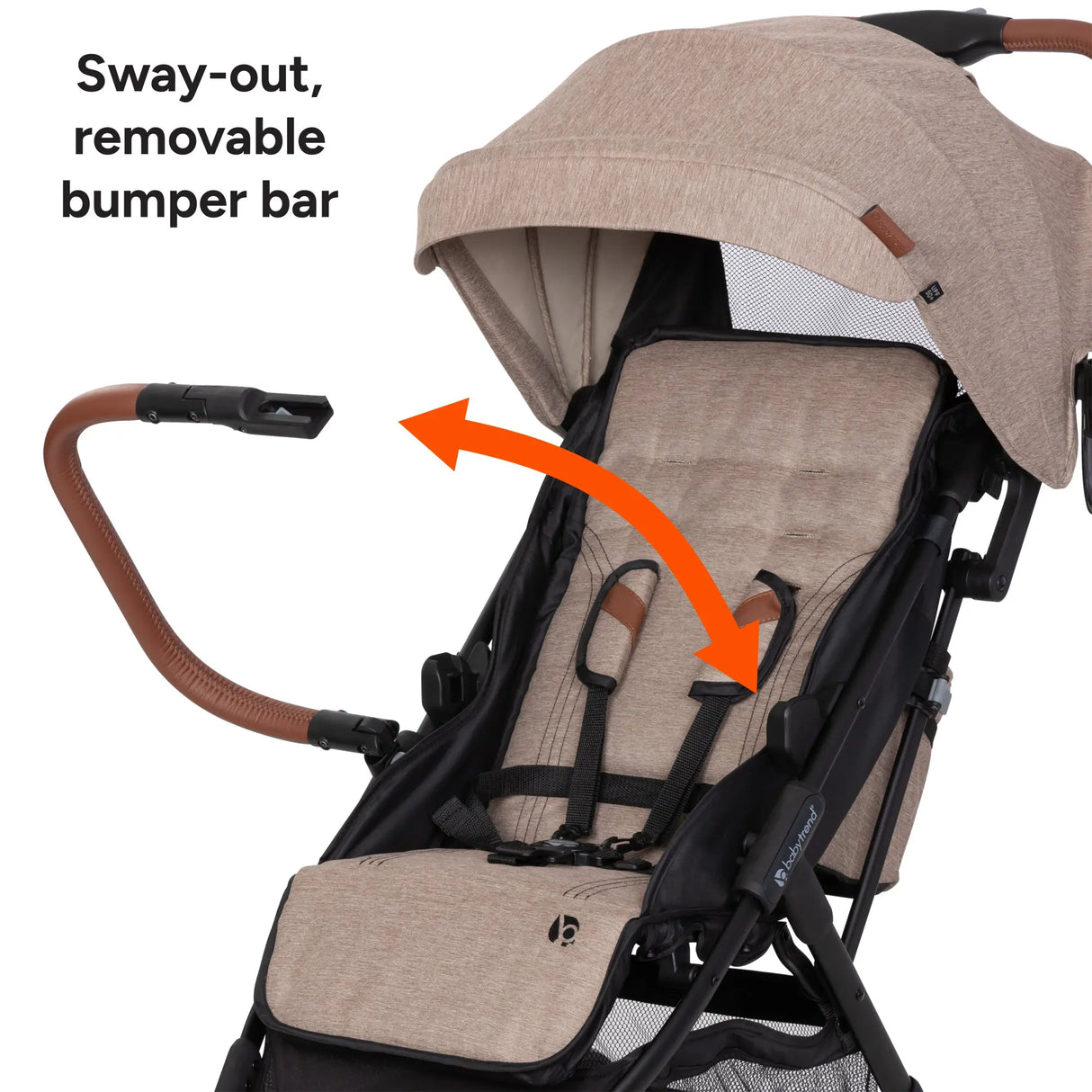 Baby Trend York Compact Stroller showing the sway out removable bumper bar from the child seat