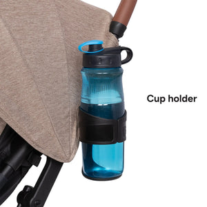 Baby Trend York Compact Stroller cup holder with a blue water bottle inside