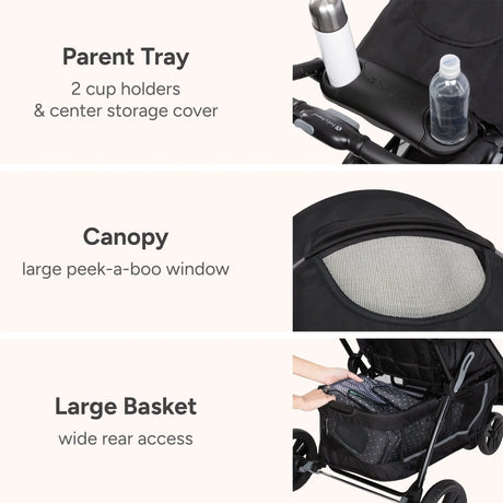 Baby Trend EZ Ride Stroller accessories, parent tray, canopy, and large basket
