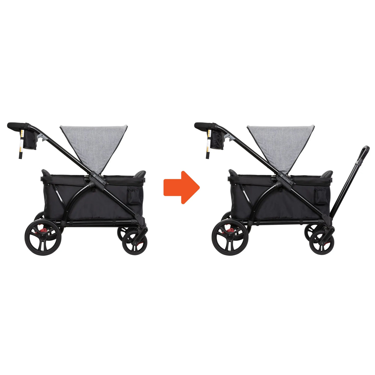 Side view of the Baby Trend Expedition 2-in-1 Stroller Wagon converting from a push wagon to a pull wagon