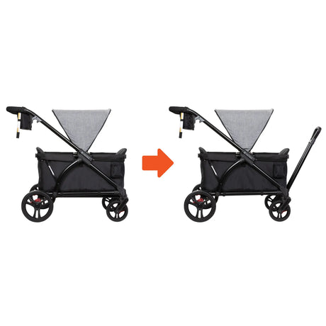 Side view of the Baby Trend Expedition 2-in-1 Stroller Wagon converting from a push wagon to a pull wagon