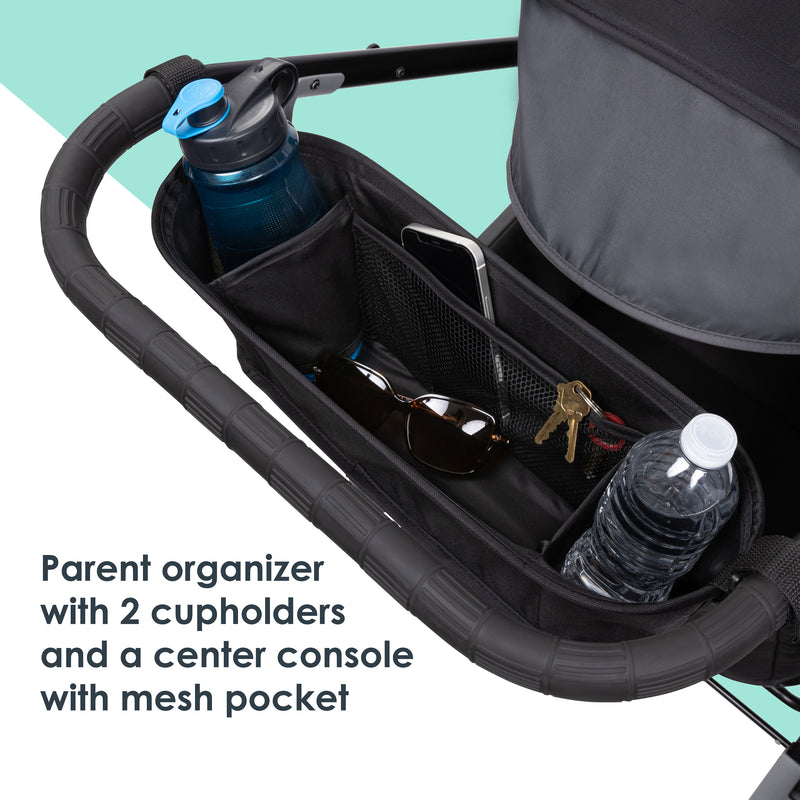 Parent organizer with 2 cupholders and a center console with mesh pocket of the Baby Trend Expedition LTE 2-in-1 Stroller Wagon
