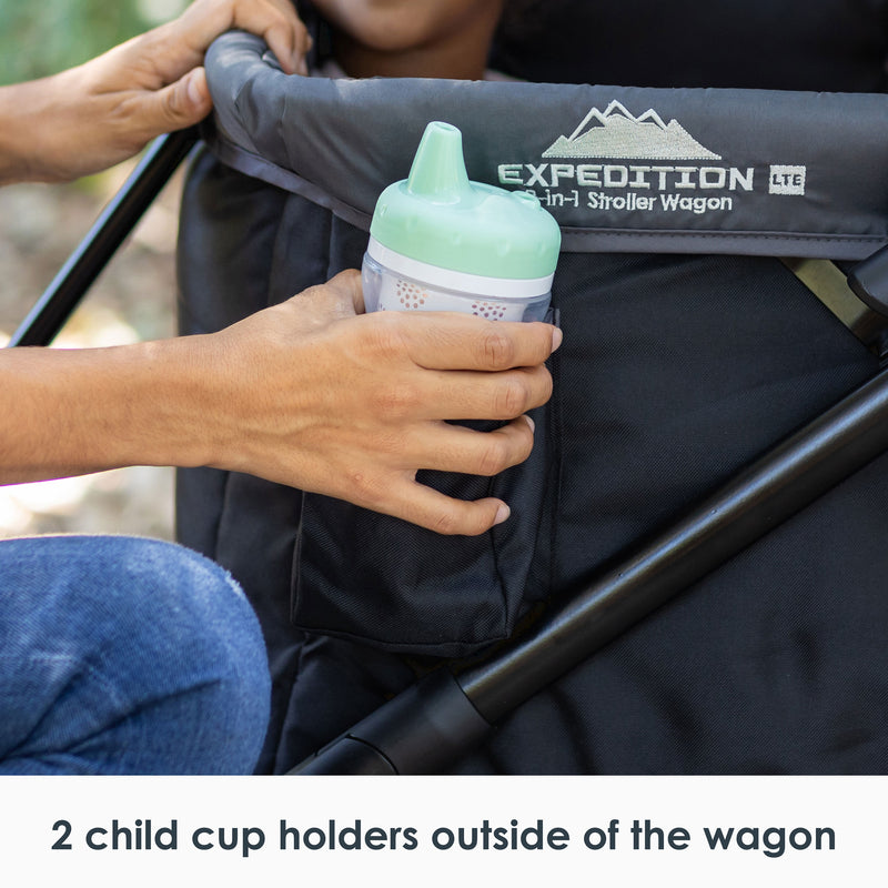 2 child cup holders outside of the wagon of the Baby Trend Expedition LTE 2-in-1 Stroller Wagon
