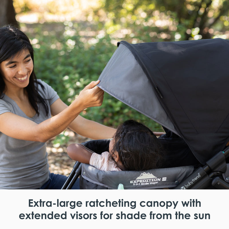 Extra-large ratcheting canopy with extended visors for shade from the sun of the Baby Trend Expedition LTE 2-in-1 Stroller Wagon