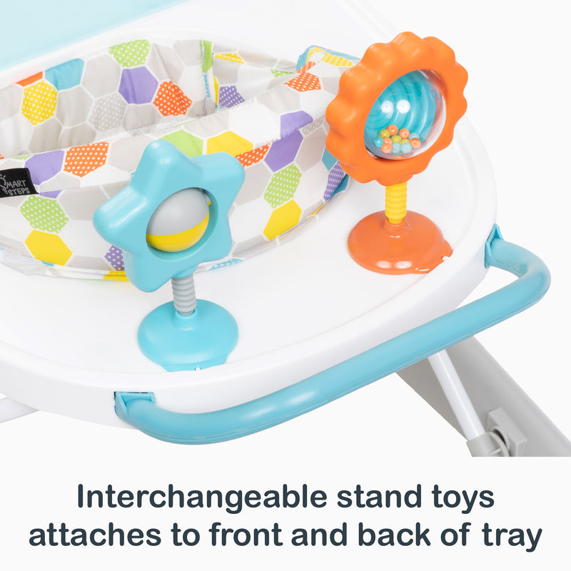 Interchangeable stand toys attaches to the front or the back of the Smart Steps by Baby Trend Dine N’ Play 3-in-1 Feeding Walker