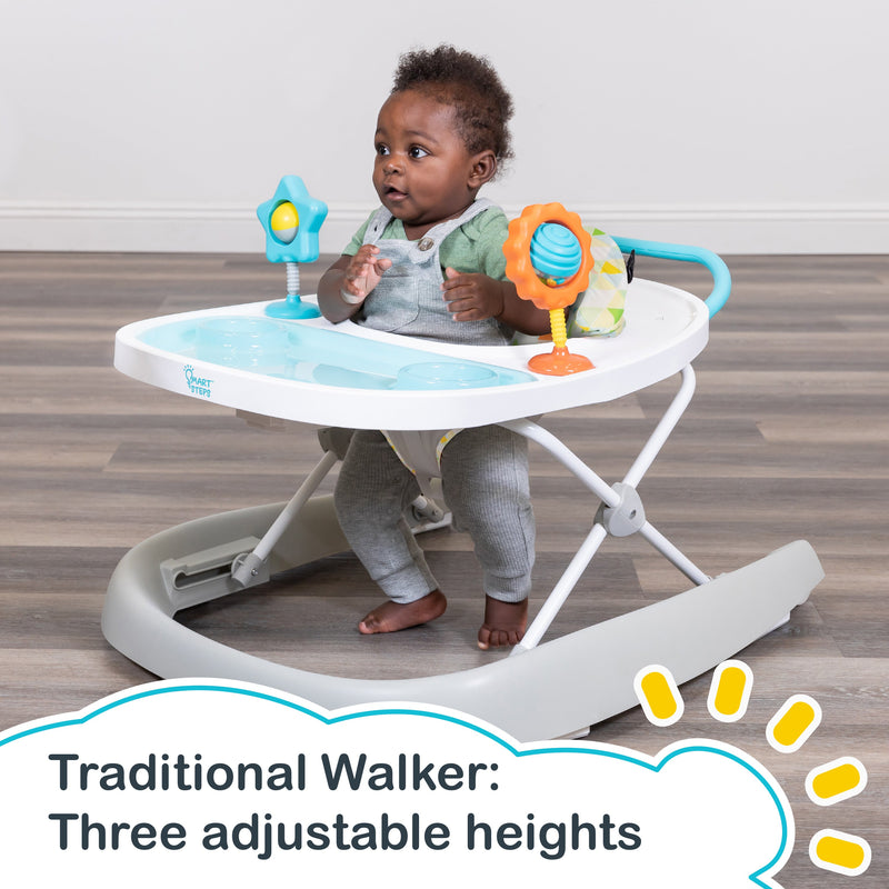 Traditional Walker: Three adjustable heights of the Smart Steps Dine N’ Play 3-in-1 Feeding Walker