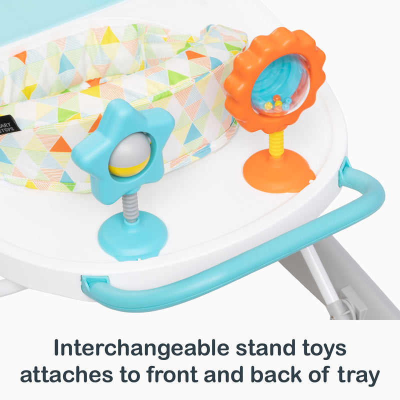 Interchangeable stand toys attaches to front and back of tray of the Smart Steps Dine N’ Play 3-in-1 Feeding Walker
