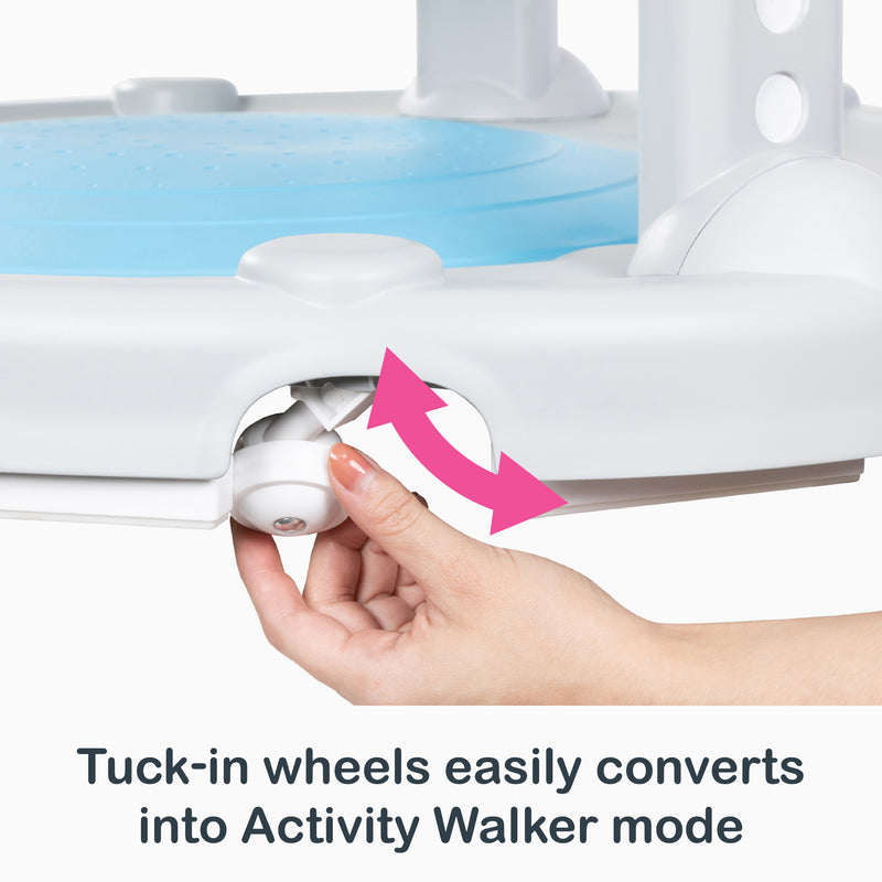Tuck-in wheels easily converts into activity walker on the Smart Steps Bounce N’ Glide 3-in-1 Activity Center Walker