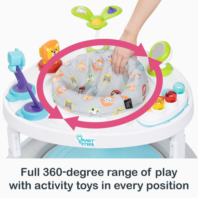 Full 360 degree range of play with activity toys in every position of the Smart Steps Bounce N’ Glide 3-in-1 Activity Center Walker