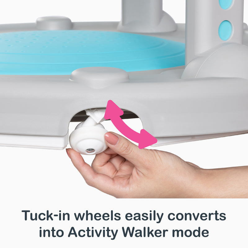 Tuck-in wheels easily converts into Activity Walker mode of the Smart Steps Bounce N' Glide 3-in-1 Activity Center Walker