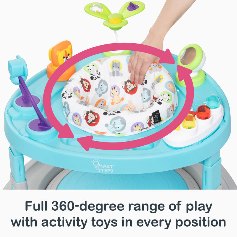 Full 360-degree range of play with activity toys in every position of the Smart Steps Bounce N' Glide 3-in-1 Activity Center Walker