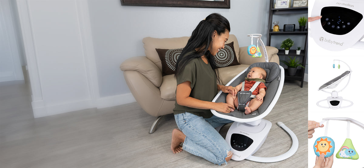 A mom is attending to her baby sitting in the Baby Trend NuMotion Infinity Swing