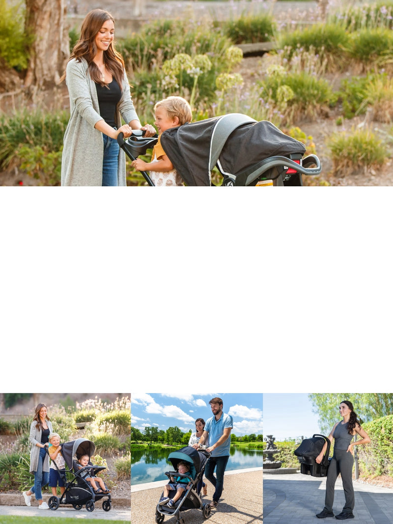 Woman pushing children in stroller